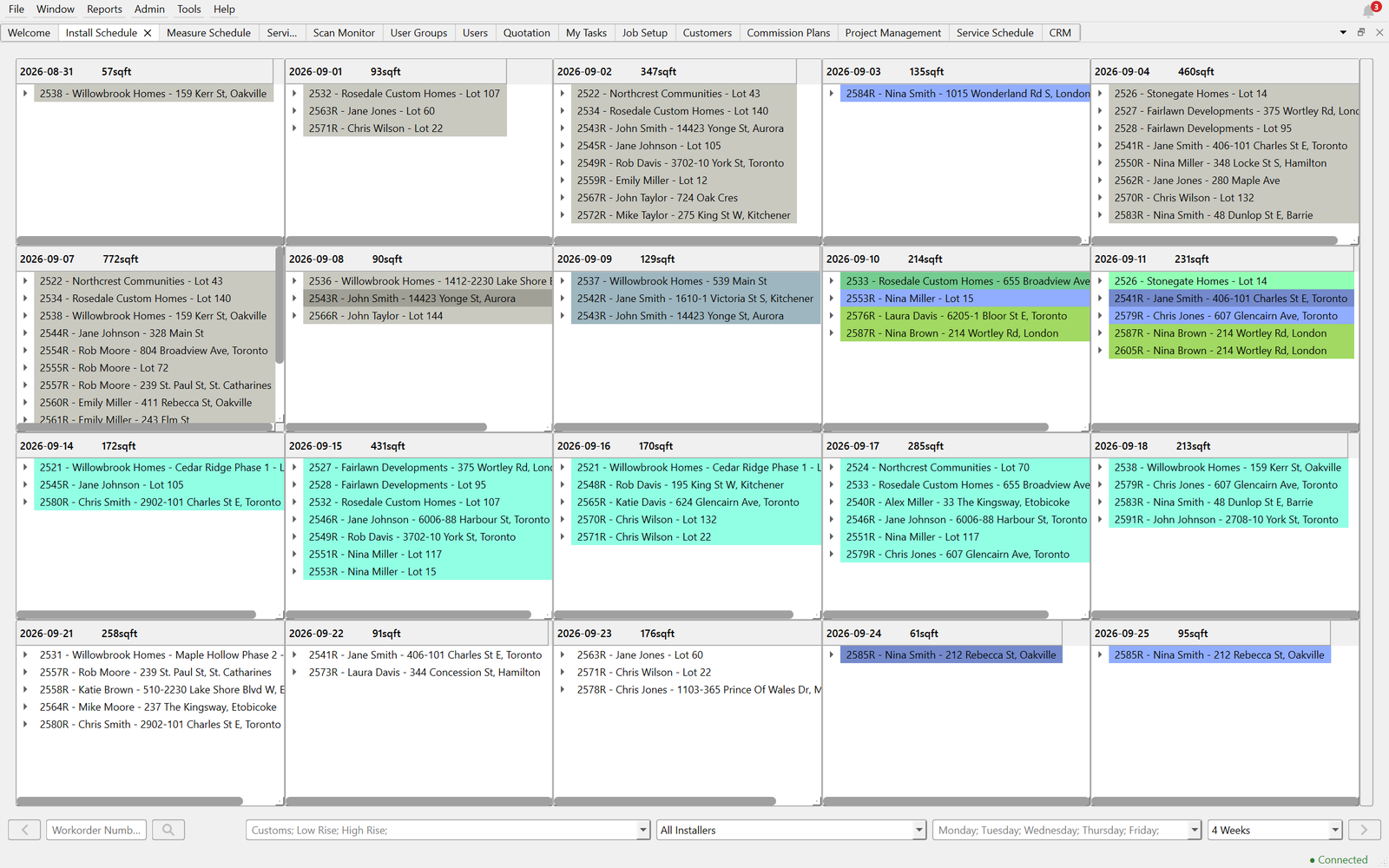 Scheduler++ countertop fabrication software: colour-coded install schedule with square footage per day
